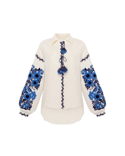 Annabo Blue Neutrals Column Bloom Embroidered Linen Shirt Blouse – Ivory