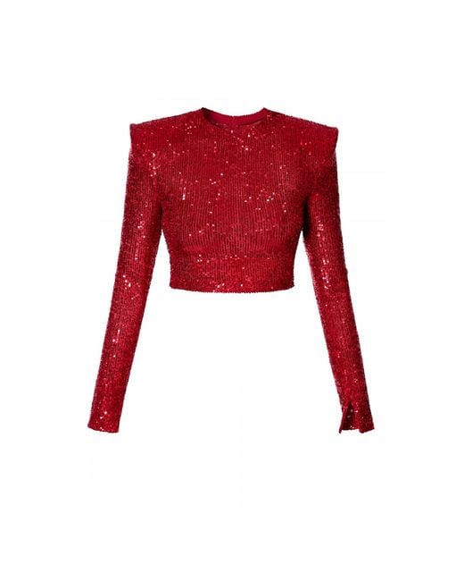 AGGI by HALEWSKI Red Zoey Sparkle Sequin Crop Top With Long Sleeve