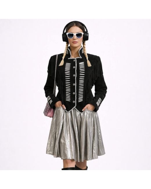 Zasta Studio Black Warrior Suede Leather Jacket With Beads & Fringes