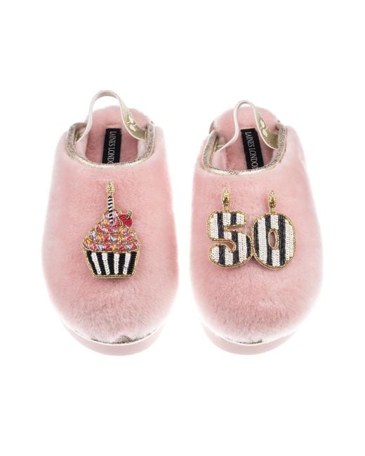 Laines London Pink Flatform Cloud Closed Toe Slippers With Stripe 50Th Birthday & Cake Brooches