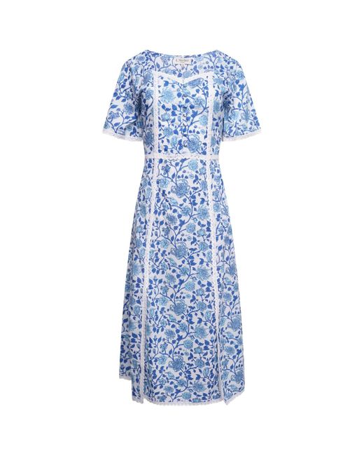 LAtelier London Blue Serafina Floral Cotton Midi Dress With Side Splits