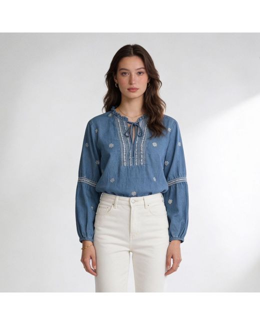 LAtelier London Blue Embroidered Tie-Neck Denim Blouse