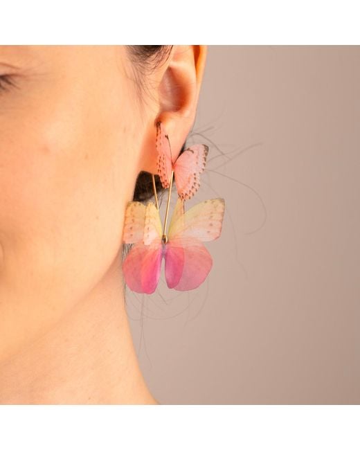 Oana Savu Pink Blush Rose Silk Butterfly Earrings Layered Butterfly Dangle Ear Wires