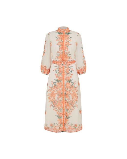 Raishma Pink Rose Floral 3/4 Length Sleeve Belted Midi Shirt Dress