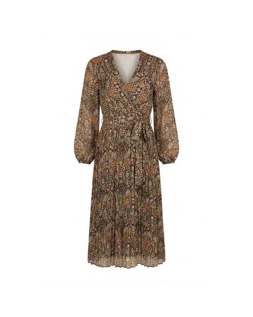 Yumi' Brown Ditsy Floral Pleated Midi Dress