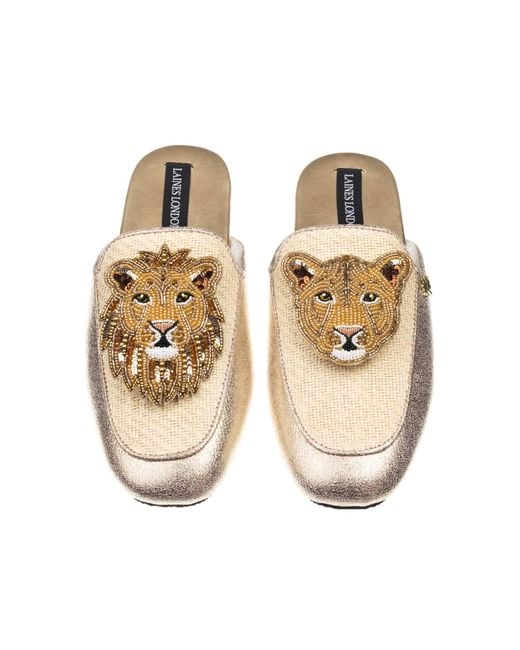 Laines London Metallic Neutrals Classic Mules With Lion & Lioness Brooches