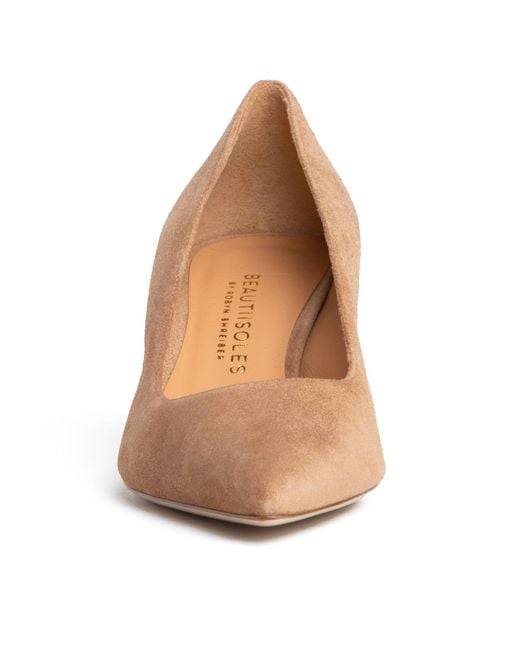 Beautiisoles by Robyn Shreiber Made in Italy Brown Neutrals Corina Camel Suede Block Low Heel Pump For Evening Or Work