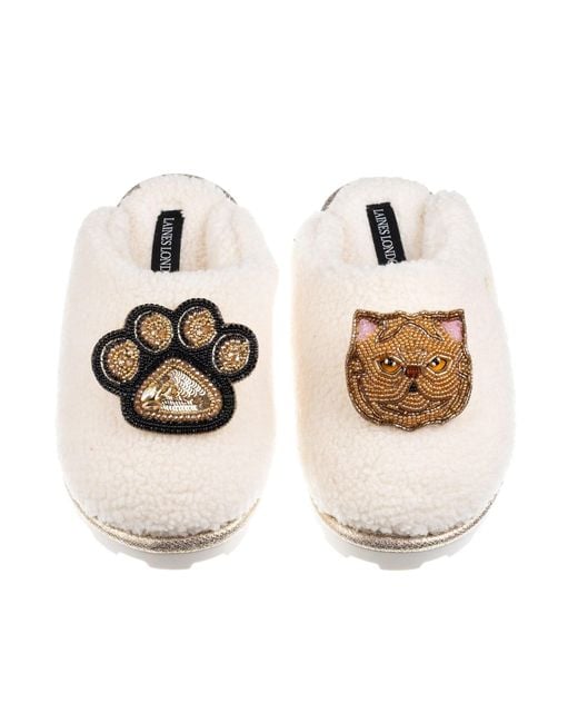 Laines London Metallic Neutrals Teddy Closed Toe Slippers With Paw & Ginger Persian Cat Brooches