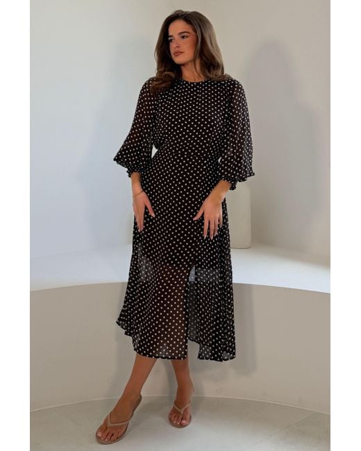 Girl In Mind Black Polka Dot Sweetheart Long Sleeve Midi Dress