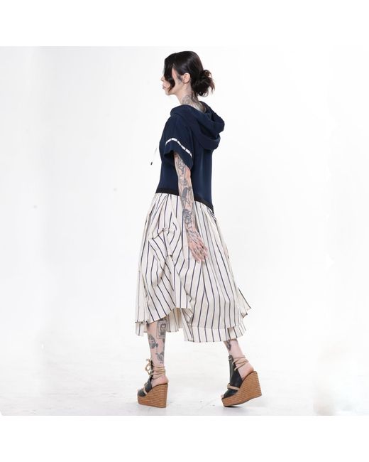 Metamorph Blue Hooded Asymmetric Dress With Striped Skirt