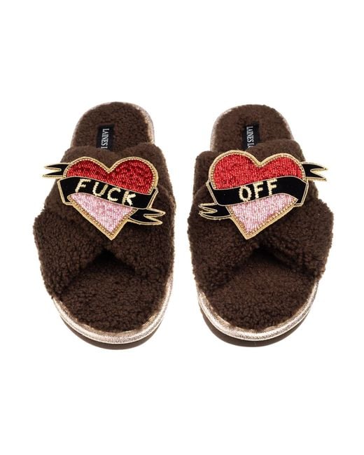 Laines London Orange Neutrals Laines Neutral Boucle Slippers With Fuck Off Brooches