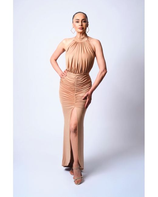 Monice London Natural Selene- Backless & Bra Friendly Halter Maxi Dress