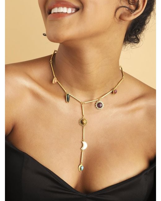 Lila Rasa Metallic Multi Stones Drop Lariat Necklace With 7 Semi-Precious Gemstone