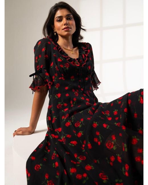 Rose & Nancy Red Toni Rose Print Velvet Tie Maxi Dress