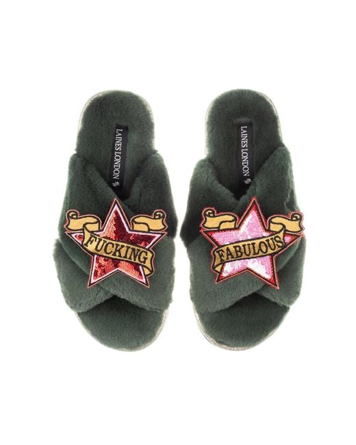 Laines London Green Classic Laines Slippers With & Fucking Fabulous Brooches