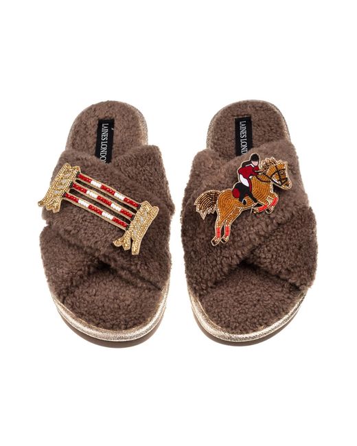 Laines London Brown Neutrals Laines Neutral Boucle Slippers With Show Jumper Brooches