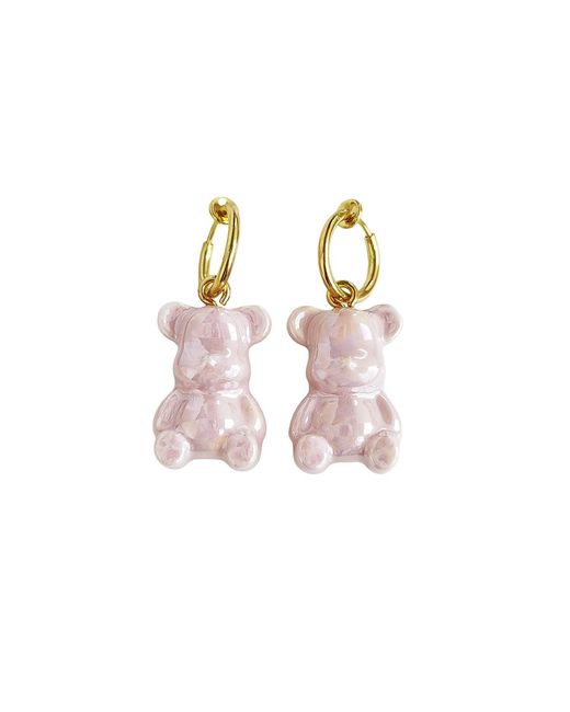 POPORCELAIN Pink Sweet Porcelain Teddy Bear Earrings, Tone