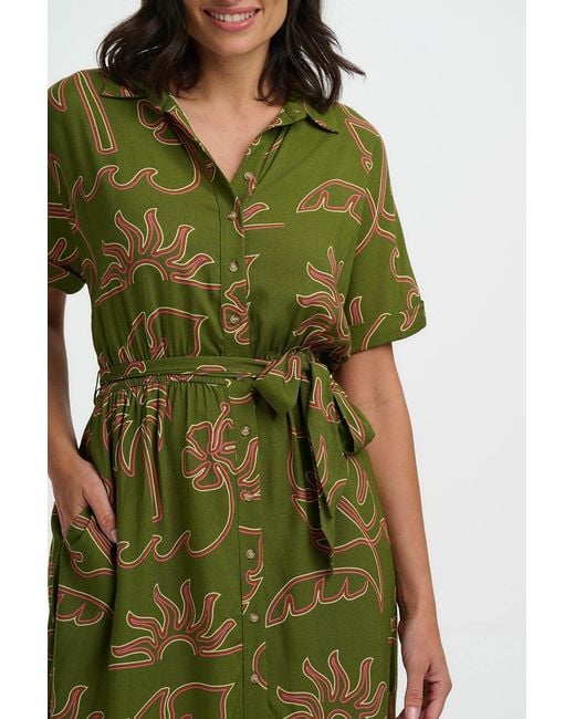 Sugarhill Green Leigh Midi Shirt Dress Khaki, Tropical Line Drawing