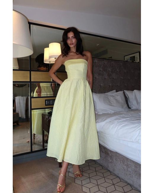 POST MERIDIEM Yellow Jacquard Midi Dress With Satin Turn-Up
