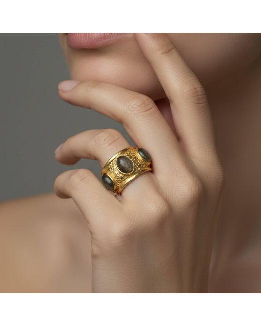 Silver & Elegant Co. Yellow Obsidian Oracle Three Stone Thick Plated Bronze Ring