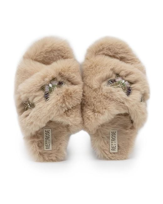 Rettrose Natural Neutrals Sadie Mink Luxury Plush Diamanté Embellished Handmade Slipper