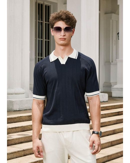 Vayla Blue Open Collar Relaxed Fit Breathable Polo Shirt for men