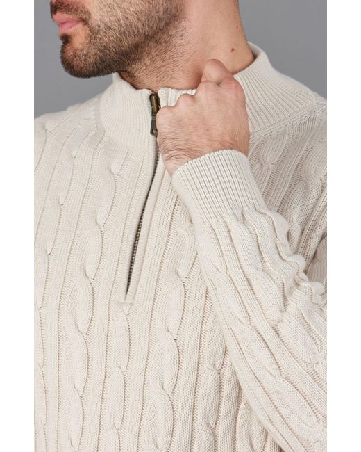 Paul James Knitwear Natural Neutrals Midweight Romano Cotton Cable Zip Neck Jumper for men