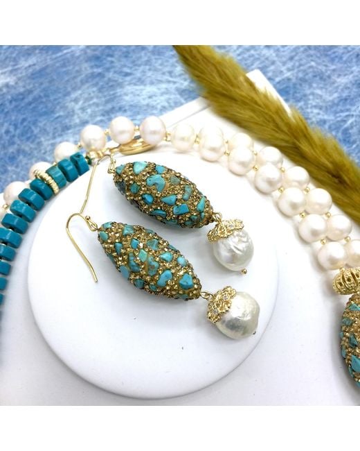 Farra Green Rhinestone Bordered With Freshwater Pearls Earrings