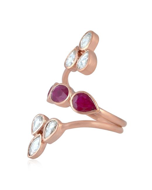 Artisan Pink Rose Gold Uncut Diamond Ruby Cocktail Ring Handmade