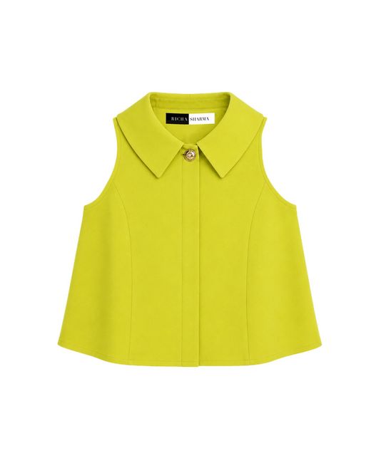 Richa Sharma Yellow Banana Crepe Handcrafted Sleeveless Luxe Top