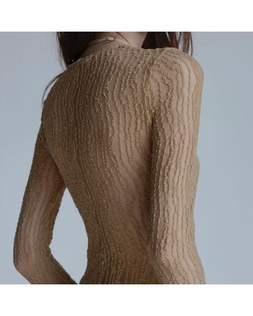 Belsize25 Natural Neutrals Trumpet Dress Flared Sleeve Knit Lace Sheer Tie Dress