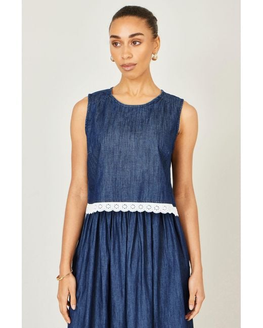 Yumi' Blue Cotton Chambray Top With Lace Trims