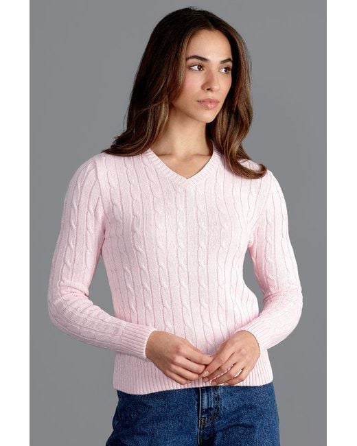 Paul James Knitwear Pink Cotton Talulah Cable V Neck Jumper