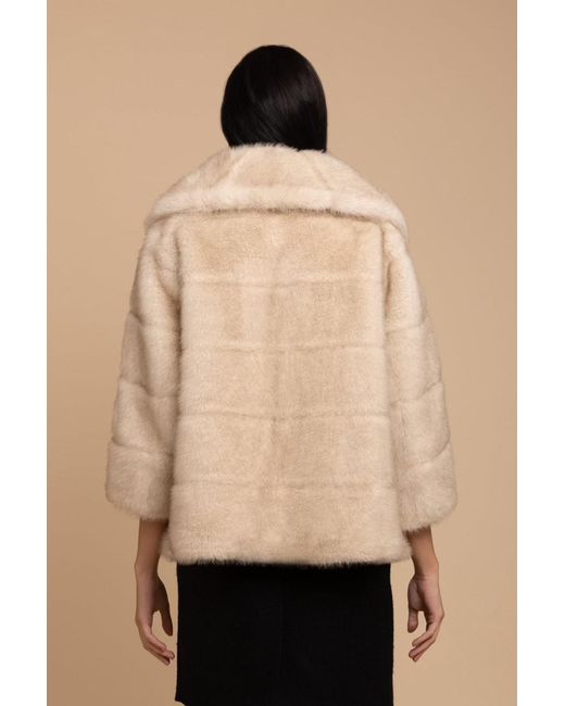 Santinni Natural Satin-Lined Faux Fur Cropped Brooch Coat