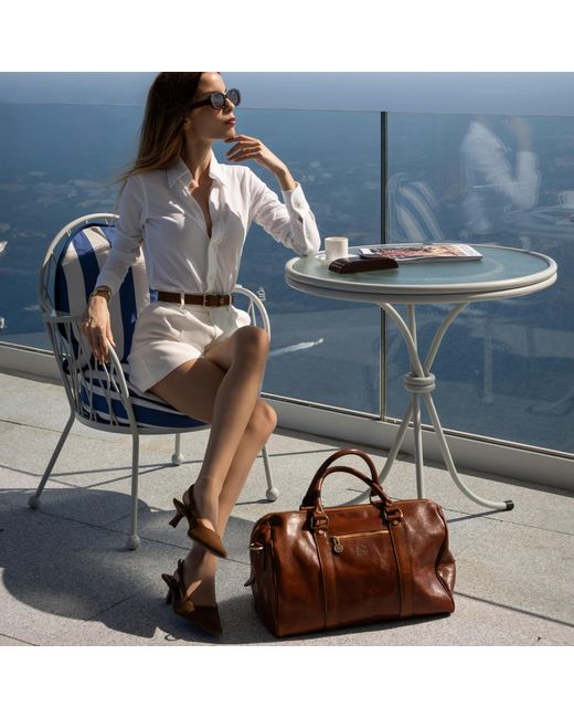 Time Resistance Brown Small Leather Overnight Bag, Duffel Bag