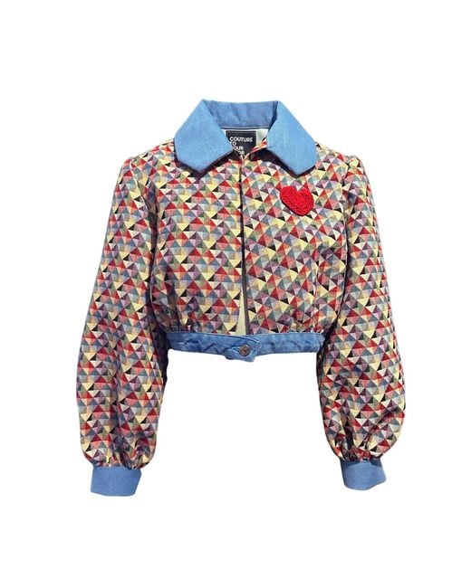Couture to Your Door Blue Geometric Tapestry Cropped Bomber Jacket