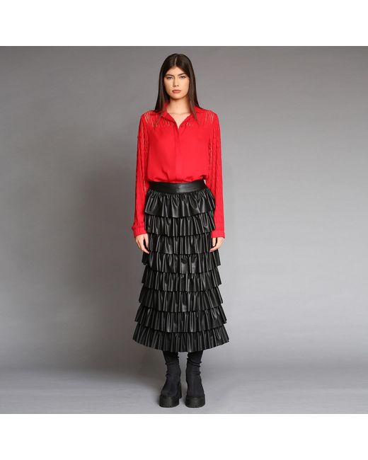 Silvia Serban Black Eco Leather Skirt With Ruffles & Adjustable Length