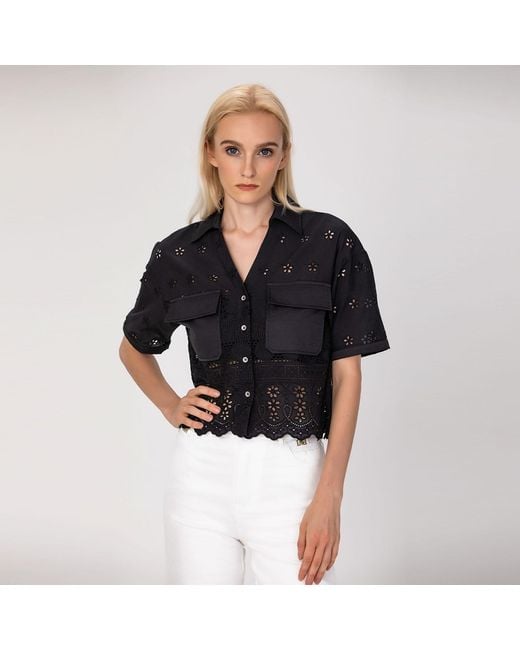 Smart and Joy Black Embroidered Crop Shirt