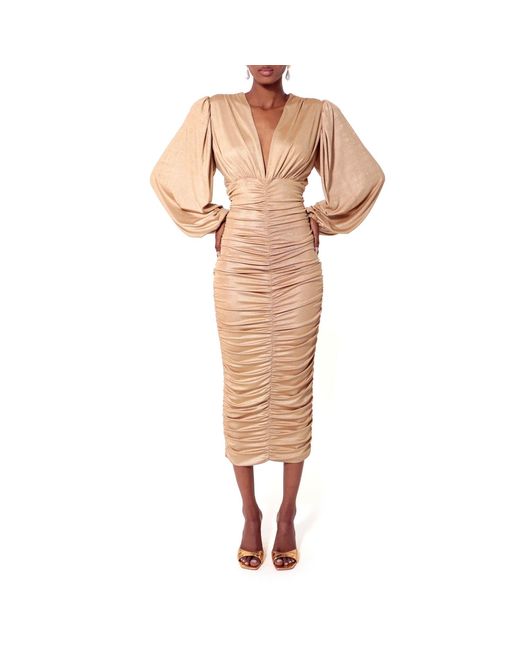 AGGI by HALEWSKI Natural Gloria Long Sleeve Draped Dress