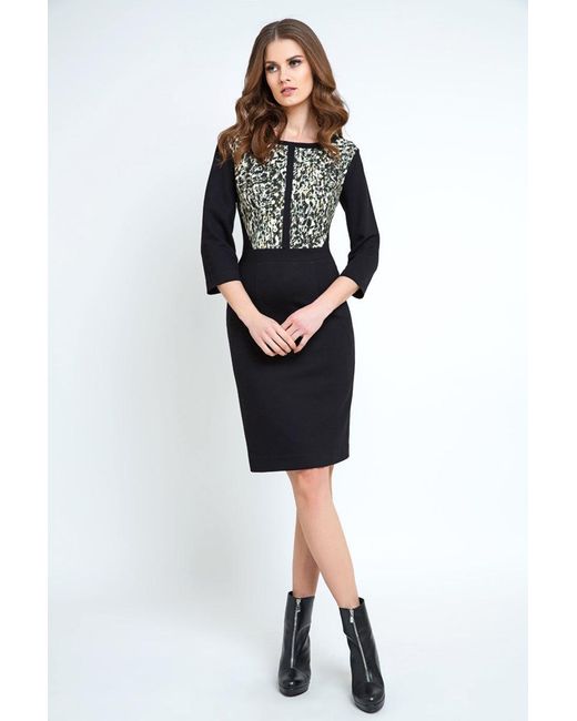 Conquista Black Straight Dress With Animal Print Detail