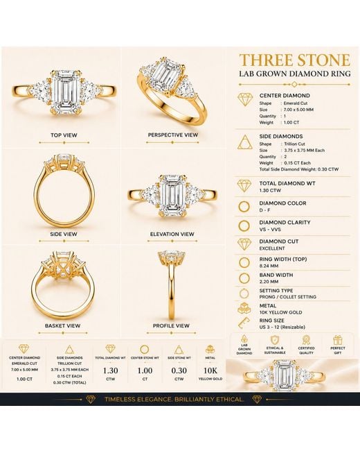 Aya Fine Jewelry Metallic Timeless Emerald Cut Engagement Ring With Trillion Side Stones