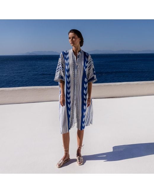 Haris Cotton Blue Lace Insert Button-Down Embroidered Cotton Kaftan Arrow