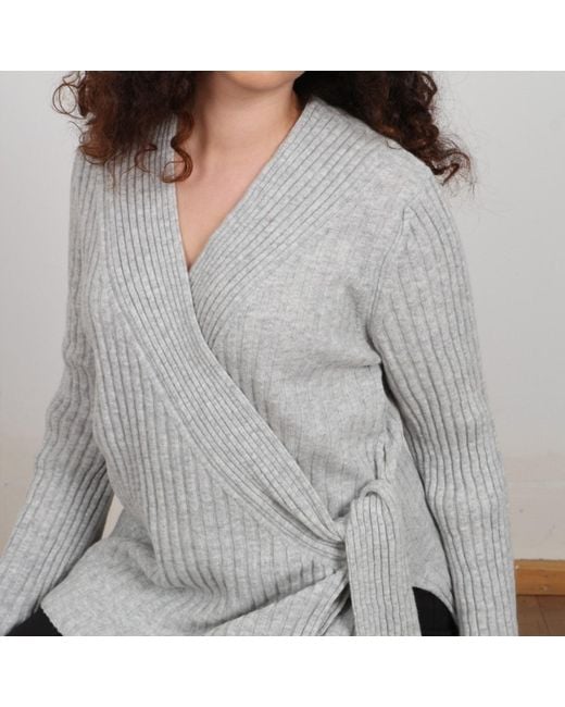 Nuvv Collection Gray Side-Tie Wool Knit Sweater V Neck Italian Yarn