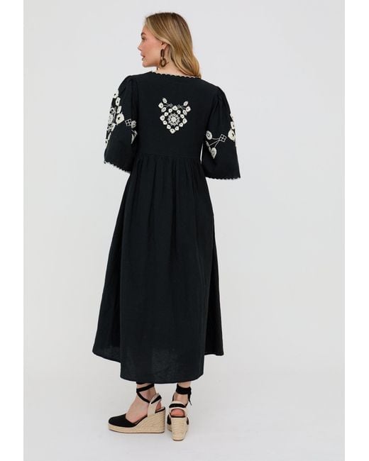 Raffya Black Arianna V- Neck Embroidered Maxi Dress