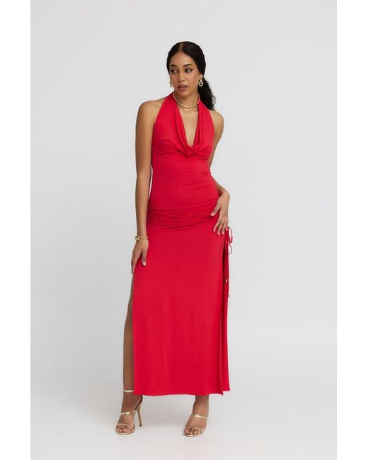 Why Mary Red Venus Cowl Neck Halter Bamboo Jersey Maxi Dress