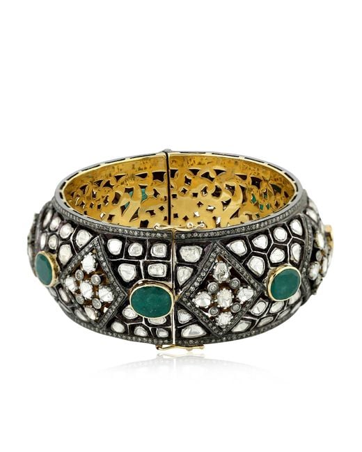Artisan Metallic 14k Gold With 925 Silver In Bezel Set Emerald & Uncut Diamond Victorian Bangle