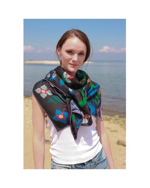 Jessie Zhao New York Black Double Sided Wool Silk Shawl Of Night Garden