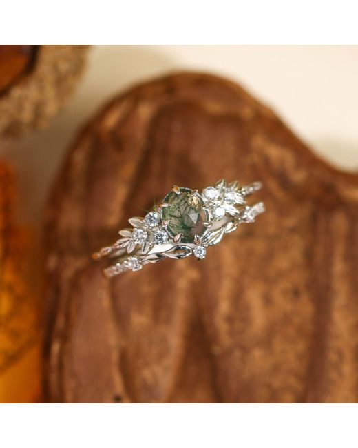 Azura Jewelry New York Green Wildflower Moss Agate Ring Vermeil