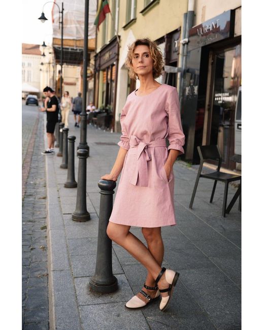 LeMuse Pink Emma — Stonewashed Linen Dress With Pockets & Tie Belt