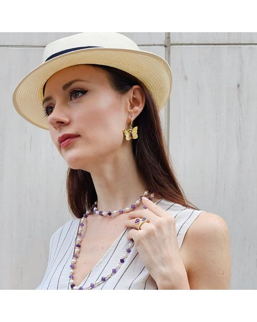 Farra Metallic Butterfly With Amethyst Stone Dangle Earrings